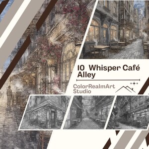 Puede incluir: Una representaci&oacute;n art&iacute;stica de un callej&oacute;n de caf&eacute; europeo, con bocetos arquitect&oacute;nicos detallados y el texto "10 Whisper Caf&eacute; Alley" y "ColorRealmArt Studio". La imagen muestra una calle adoquinada con asientos al aire libre.
