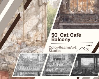 猫カフェのぬり絵｜愛らしいバルコニーの風景50選（PDFバンドル）