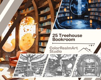 ツリーハウスの本室ぬりえ | 居心地の良いファンタジー図書館アート（PDFダウンロード）