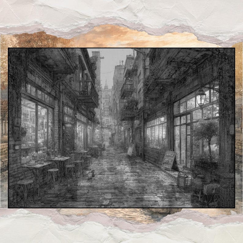 Puede incluir: Ilustraci&oacute;n en blanco y negro de una escena de calle europea. La imagen muestra una estrecha calle adoquinada flanqueada por edificios, tiendas y asientos al aire libre. La obra de arte tiene un estilo vintage y art&iacute;stico, con detalles como toldos y farolas.