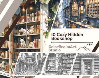 居心地の良い本屋の塗り絵 | リラックスできる、風変わりな図書館アート（PDFダウンロード）