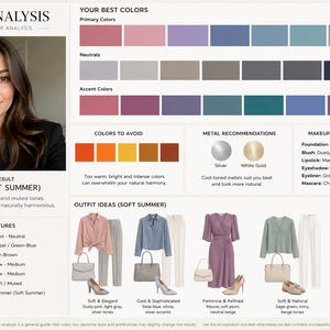 May include: A colour analysis chart for Summer (Soft Summer) with a woman's portrait. The chart includes colour palettes, outfit ideas, and makeup recommendations. The overall result is described as elegant, sophisticated, and naturally harmonious.