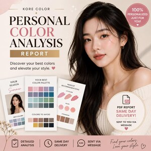 Può includere: Annuncio per un rapporto di analisi del colore personale. L'immagine presenta una donna e diverse schede che mostrano palette di colori e consigli per il trucco. Il testo include "Analisi del colore personale" e "Scopri i tuoi colori migliori ed eleva il tuo stile."