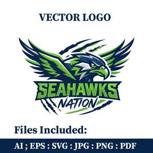 Puede incluir: Un logotipo vectorial con un águila estilizada con alas verdes y azules, con el texto "SEAHAWKS NATION" debajo. También están presentes las palabras "VECTOR LOGO" y "Files Included: AI; EPS; SVG; JPG; PNG; PDF".