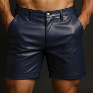 May include: Navy blue leather shorts with a button closure and belt loops. The shorts have a classic five-pocket design and a tailored fit. The shorts are made of a smooth, shiny leather material.