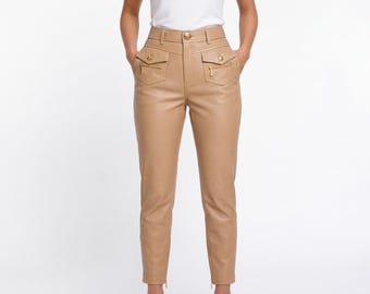 Custom Made to Order Handmade Ladies Leather Pants – Bespoke Design with Matching Leather Belt & Special Discounted Price