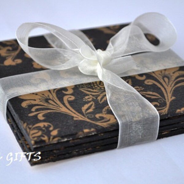 SPECIAL ORDER FOR  - antqetsy01 - Decoupage Wooden Coasters , black and gold, French Damask Theme, set of 4