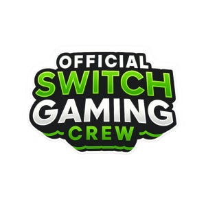 以下が含まれることがあります： 黒い背景に、白と緑の文字で「OFFICIAL SWITCH GAMING CREW」と書かれたステッカー。ステッカーは白い縁取りと緑色の輪郭がある。