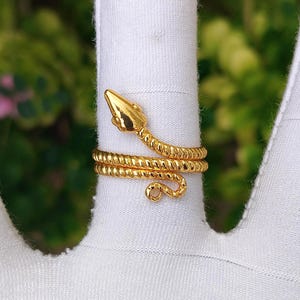 Könnte beinhalten: Ein goldfarbener Ring in Form einer gewundenen Schlange mit einem strukturierten, seilartigen Band. Das Design zeigt einen glatten, spitzen Kopf an einem Ende und einen geschwungenen Schwanz am anderen, der sich in einer Spirale um den Finger legt.