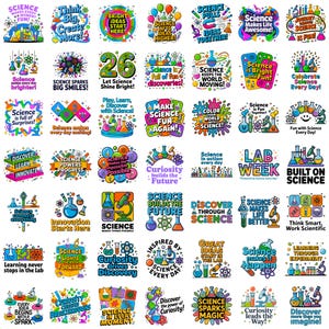 Puede incluir: Una colección de cuarenta y ocho pegatinas coloridas con temática científica que muestran equipos de laboratorio como vasos de precipitados, matraces y microscopios, junto con frases motivadoras como Science Makes Every Moment Fun.