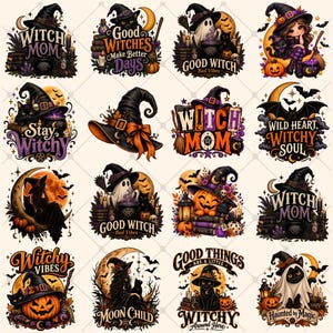 Może przedstawiać: Kolekcja szesnastu cyfrowych naklejek z motywami halloweenowymi, w tym czarnymi kotami, dyniami, kapeluszami czarownic, duchami i półksiężycami. Projekty zawierają napisy takie jak Witch Mom, Good Witches Make Better Days i Witchy Vibes w różnych czcionkach.