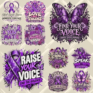 Könnte beinhalten: Eine Sammlung von Grafiken zur Sensibilisierung für häusliche Gewalt in Violett-Tönen mit Schmetterlingen, Schleifen, Blumen und Texten wie Find Your Voice, Raise Your Voice, You Matter, Break The Silence und Speak Your Truth.