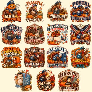 Peut inclure: Une collection de quatorze illustrations graphiques représentant des dindes habillées en facteurs, des citrouilles, des boîtes aux lettres et des feuillages d'automne. Les designs incluent des textes comme Mail & Pumpkins, Mail Mom, Thankful Mail Girl, Postal Turkey Squad, Liberty & Mail, Thanksgiving Mail Order, Thanksgiving Air Mail, Thankful & True, Retro Pumpkin Post, Thanksgiving Mail Legend, Proud Postal Worker, Groovy Thanksgiving Mail, Mailbox Full of Thanks, Magic in the Mail et Harvest Mail Delivery.