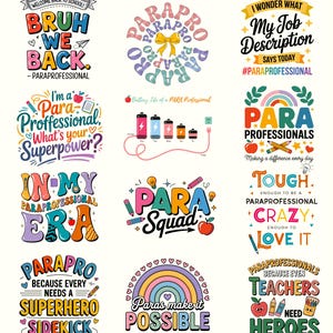 May include: A selection of vibrant graphic designs with text related to paraprofessionals. Designs include phrases such as "Bruh We Back," "Para Squad," and "Paras make it Possible." The images feature pencils, apples, and rainbows.