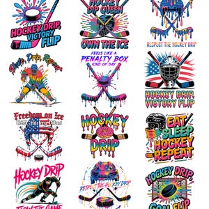Op de afbeelding: Een verzameling kleurrijke hockey-thema grafische ontwerpen. Elk ontwerp bevat hockeysticks, pucks, helmen en tekst zoals "Hockey Drip" en "Goal Flip". De ontwerpen gebruiken levendige kleuren en druipende effecten.