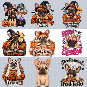 Peut inclure: Une collection de neuf illustrations représentant des bouledogues français dans divers costumes et thèmes, incluant des tenues d'Halloween avec citrouilles, chapeaux de sorcière, draps de fantôme et tenues de chef, avec des textes comme Witch Way Frenchie.