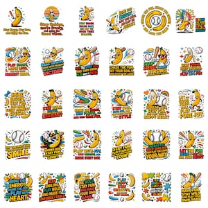 以下が含まれることがあります： バットとボールで野球をする漫画のバナナを描いた30枚のカラフルなステッカーのコレクション。各ステッカーには、鮮やかな背景を背景に、Stay Happy、Play Freeなどのモチベーションを高めるテキストが含まれています。