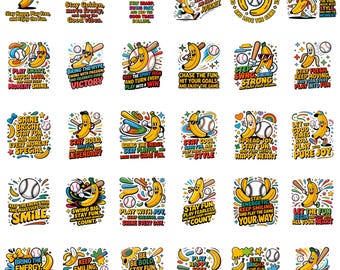 Banana Baseball PNG Bundle | Retro Yellow Mascot Graphics, Funny Game Day Designs, Sports Sublimation