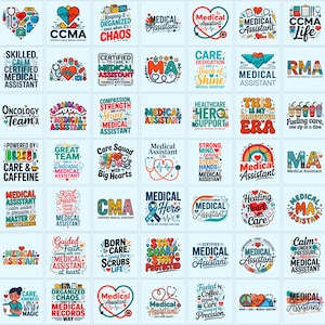 Könnte beinhalten: Eine Sammlung von zweiundvierzig quadratischen Grafikdesigns mit verschiedenen Themen für medizinische Assistenten, Typografie und Illustrationen wie Stethoskope, Herzen und medizinische Symbole in einer lebendigen Farbpalette auf hellblauem Grund.