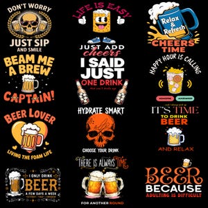 Op de afbeelding: Een verzameling bierthema-afbeeldingen met verschillende citaten en illustraties. Ontwerpen omvatten een schedel met zonnebril, bierpullen en zinnen als "Cheers Time" en "Beer Lover". Het kleurenpalet is voornamelijk zwart, geel en oranje.