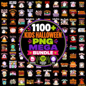 Puede incluir: Una colección digital de más de 1100 diseños PNG de Halloween para niños con varios fantasmas, calabazas y personajes festivos de dibujos animados con textos como Soft Quiet Glow, My Soft Soul y Feral for the Candy, sobre fondo negro.