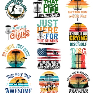 Könnte beinhalten: Eine Sammlung farbenfroher Designs zum Thema Disc Golf. Jedes Design zeigt einen Disc-Golf-Korb, Text und Grafiken. Zu den Sätzen gehören "Disc Golf Life", "Just Here For The Chains" und "Awesome".