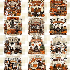 May include: A collection of twelve rectangular graphic designs featuring Halloween-themed coffee illustrations. Each design includes ghosts, black cats, pumpkins, and coffee-related imagery with text such as Pumpkin Coffee Festival, Ghouls Need Their Coffee, and Haunted Pumpkin Coffee Truck.