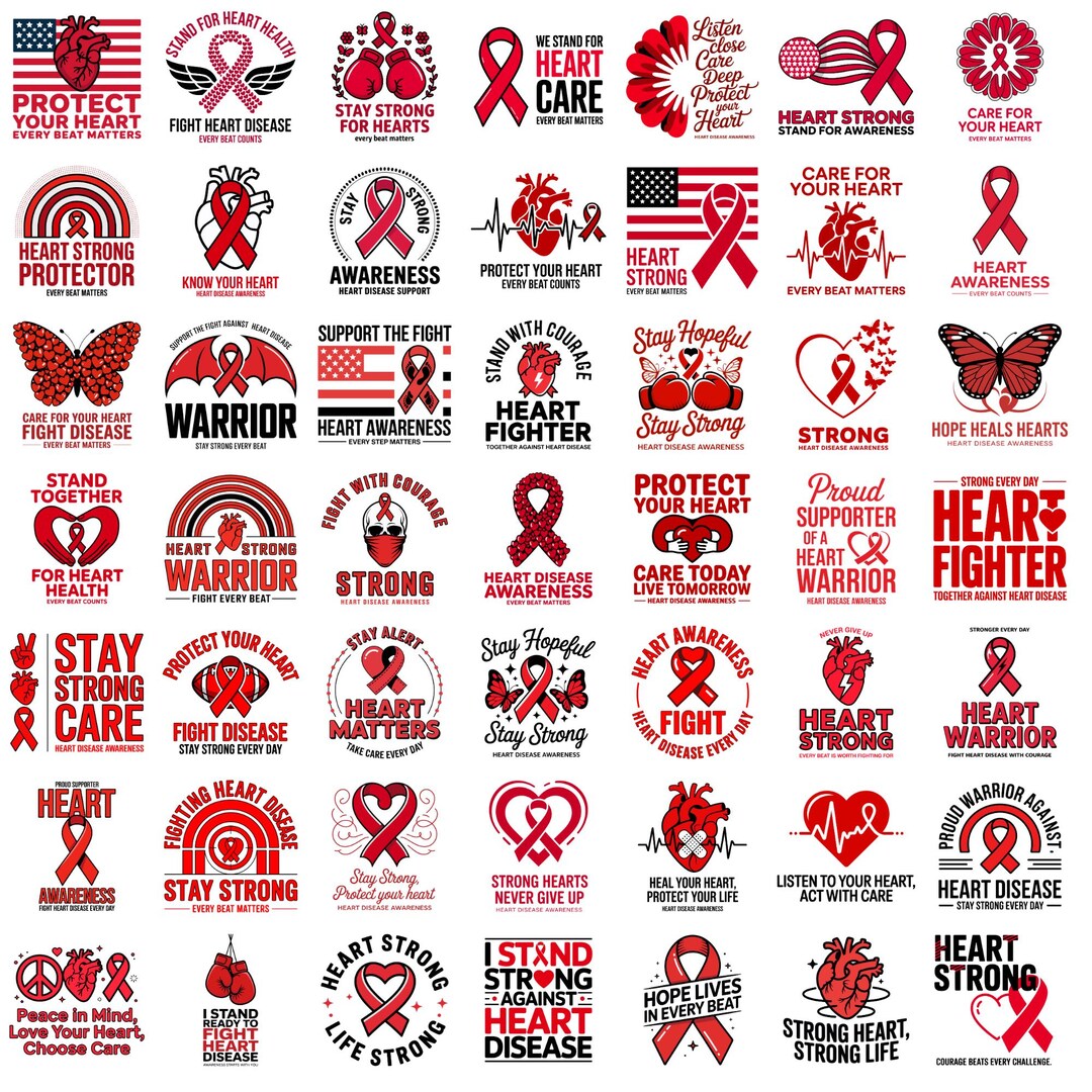 Heart Disease Awareness PNG Bundle | Red Ribbon Graphic | Cardiac ...