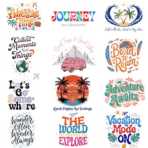 Puede incluir: Una colección de diseños gráficos con temática de viajes con frases como "Adventure Time", "Journey" y "Born to Roam". Los diseños presentan ilustraciones de palmeras, montañas y una furgoneta vintage, todo en colores vibrantes.