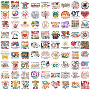 May include: A collection of eighty colorful graphic stickers featuring various illustrations and text related to occupational therapy, including phrases like Helping Hands, OT Squad, and Healing Hands, displayed in a grid on a white background.