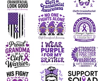 Pacchetto PNG e SVG per la sensibilizzazione sulle malformazioni craniofacciali / Supporto con nastro viola / Design della famiglia guerriera / Download digitale
