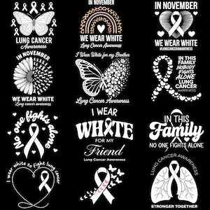 Op de afbeelding: Een verzameling witte grafische ontwerpen op een zwarte achtergrond, die het bewustzijn van longkanker bevorderen. De ontwerpen omvatten vlinders, linten, harten en tekst zoals "We Wear White" en "In This Family, Nobody Fights Alone."