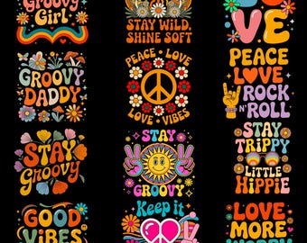 Groovy Hippie PNG SVG Bundle | Retro Floral Graphics | Good Energy Illustration | Peace Style Artwork