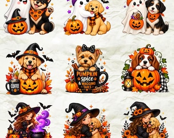 Halloween Witch Dog PNG Bundle | Ghost Pumpkin Graphics | Vintage Autumn Clipart | Mystic Cat Magic