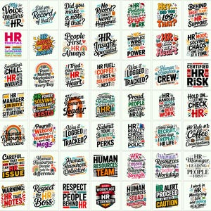 May include: A collection of HR-themed graphic designs with various text-based messages. The designs feature phrases like "HR Essentials," "HR Support," and "HR Team," in a variety of fonts and colors, suitable for HR professionals.