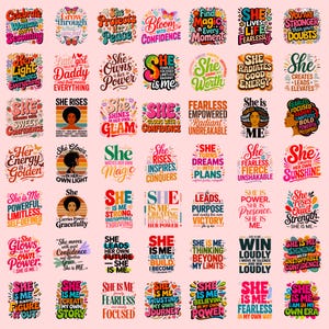 May include: A collection of sixty-six individual graphic designs featuring motivational and empowering phrases about self-identity, confidence, and personal growth, displayed in various colourful typography styles, fonts, and decorative elements.