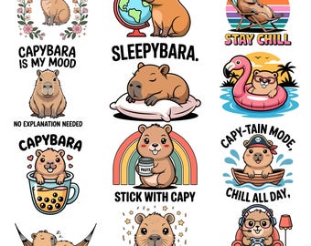 Capybara PNG SVG Bundle | Funny Animal Clipart Digital Download Files | Commercial Use Shirt Design