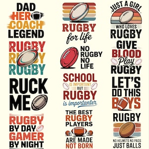 Op de afbeelding: Een verzameling rugby-thema grafische ontwerpen met tekst en illustraties. De ontwerpen bevatten rugbyballen en zinnen als "Rugby for Life", "No Rugby No Life" en "Just a Girl Who Loves Rugby". Het kleurenpalet bevat rood, oranje en zwart.