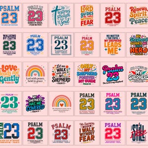 May include: A collection of thirty square graphic designs on a light pink background, each featuring various typography and illustrations centred around Psalm 23 themes, including rainbows, floral motifs, and bold athletic-style number 23 graphics.