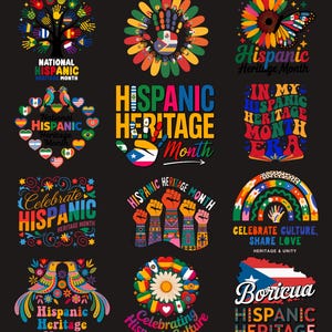 May include: A collection of colorful graphic designs celebrating Hispanic Heritage Month. Designs include text, hands, flowers, flags, and birds, all in vibrant colors against a black background. The designs promote culture, heritage, and unity.