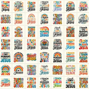 May include: A collection of forty-eight square graphic designs featuring various colourful typography and illustrations with the recurring text I Teach Tiny Humans About Jesus, Teaching Kids About Jesus, and Pray Teach Repeat in diverse fonts.