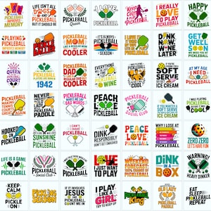 May include: A selection of square designs with pickleball-related text and graphics. The designs include phrases such as "Pickleball Queen," "I Love Pickleball," and "Dink in a Box," alongside images of paddles and balls.