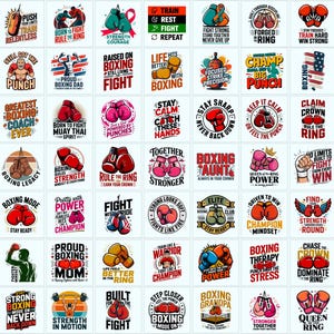 May include: A selection of boxing-themed graphic designs. Each design features boxing gloves, motivational phrases, and bold typography in various colours. Themes include strength, training, and competition. Suitable for apparel and accessories.