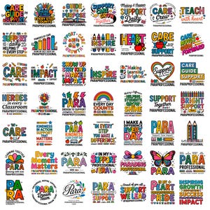 May include: A collection of forty-two colorful graphic designs featuring motivational text and illustrations related to paraprofessionals, including phrases like Care Guide Support, Inspire, and Para Professional, with icons of pencils, books, and hearts.