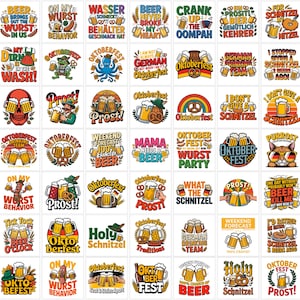 May include: A collection of forty-eight square graphic stickers featuring Oktoberfest themes, beer mugs, pretzels, sausages, and humorous text such as Beer Brings Out The Wurst In Us, Prost, and German Drinking Team in vibrant colors.