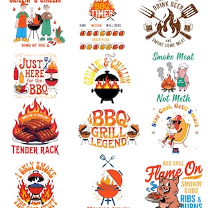 May include: A collection of BBQ-themed graphic designs. The designs feature illustrations of grills, flames, beer mugs, and cartoon characters. Text includes phrases like "Grillin' & Chillin'," "BBQ Grill Legend," and "Flame On."