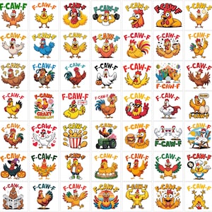 Può includere: Una collezione di quarantanove adesivi quadrati raffiguranti polli dei cartoni animati in varie attività, ciascuno etichettato con il testo F-CAW-F. Le illustrazioni colorate mostrano polli che fanno esercizio, mangiano, indossano costumi e si rilassano.