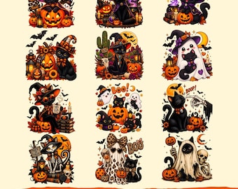 Halloween Cat Lover PNG Bundle, Gothic Night Artwork, Moonlit Feline Shirt Sublimation File
