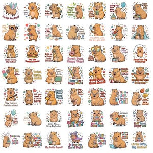 以下が含まれることがあります： 様々な活動や表情を描いた48種類のカピバラの漫画風ステッカーコレクション。それぞれの茶色のカピバラは、カラフルなアクセサリーや食べ物、やる気を起こさせるテキストフレーズと共に、異なるポーズで描かれています。