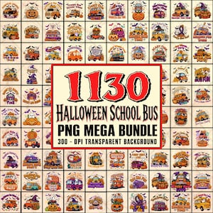 Puede incluir: Una colección digital de 1130 gráficos PNG de autobuses escolares de Halloween con varios autobuses, calabazas, fantasmas y murciélagos. El texto central dice 1130 HALLOWEEN SCHOOL BUS PNG MEGA BUNDLE 300 - DPI TRANSPARENT BACKGROUND en negro y rojo.